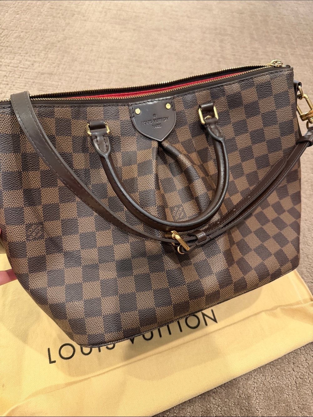 Louis Vuitton Sienna MM Damier Ebene Top-Handle Shoulder Bag with Red Lining